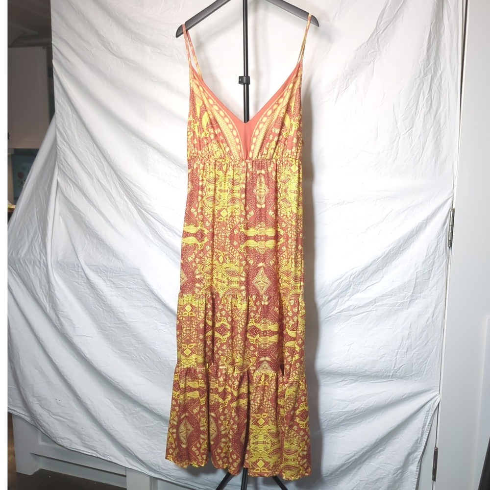 Boho Paisley Tiered Maxi Dress V-Neck Sleeveless Sun Dress Orange Yellow